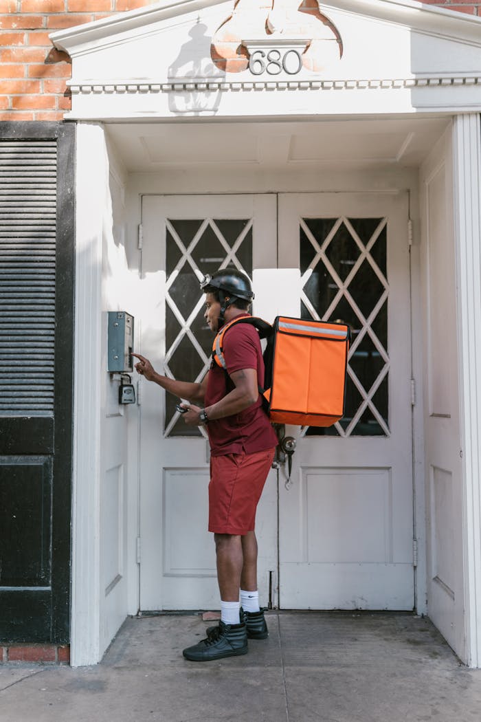 Delivery person ringing doorbell with delivery bag at urban doorway highlighting logistics and service.